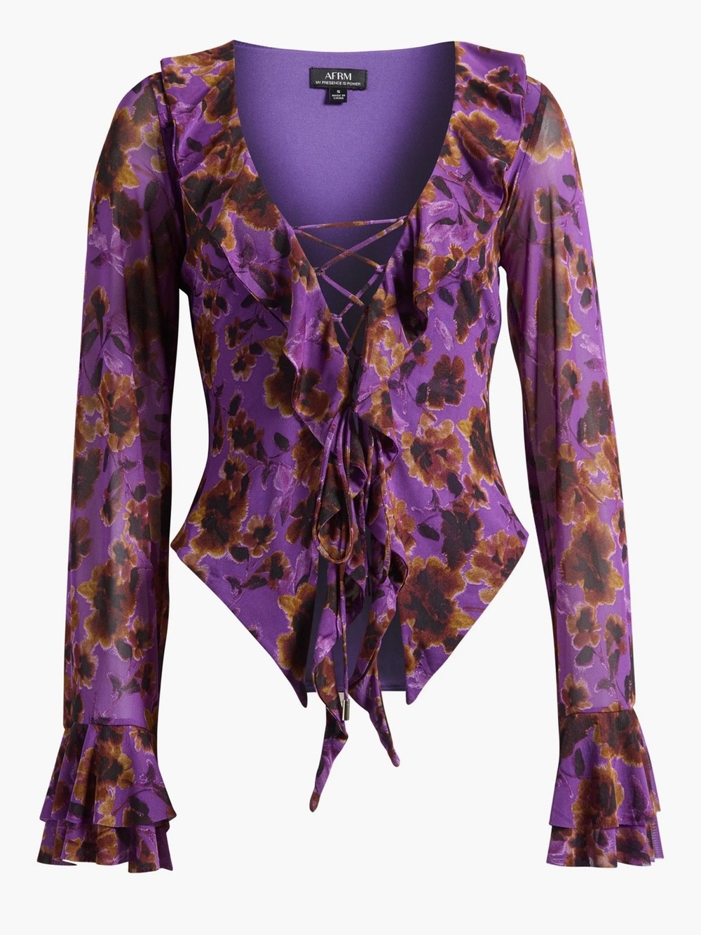 AFRM Whimsigoth Colorful Purple Floral Ruffle Lace-Up Blouse Sz L